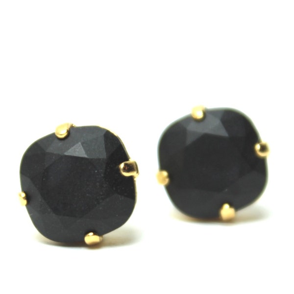 MATTE Jet Black Crystal Stud Earrings Classic Slate Gunmetal Sparkling Solitaire Swarovski Dark Night Sterling Ink Midnight Ebony Obsidian