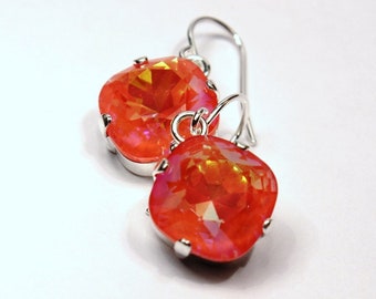 Bright Orange Crystal Dangle Earrings Classic Sparkling Tangerine Solitaire Swarovski 12mm or 10mm Drop Sterling Silver Gold Women's Jewelry