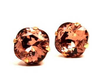 Blush Pink Crystal Stud Earrings Classic Sparkling Peach Pink Apricot Warm Copper Solitaire Swarovski 12mm 10mm Sterling Silver Post Puce