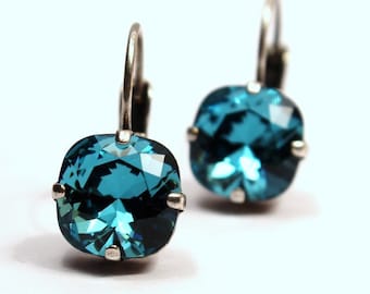 Teal Green Crystal Drop Earrings Cool Sparkling Turquoise Blue cayman Aqua Solitaire Swarovski 10mm Square Cushion Cut Leverback Sparkler