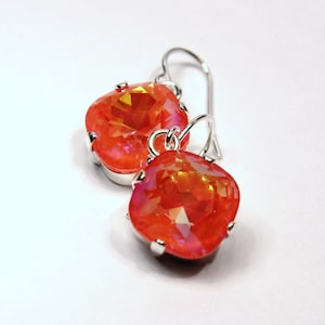 Bright Orange Crystal Dangle Earrings Classic Sparkling Tangerine Solitaire Swarovski 12mm or 10mm Drop Sterling Silver Gold Women's Jewelry image 1