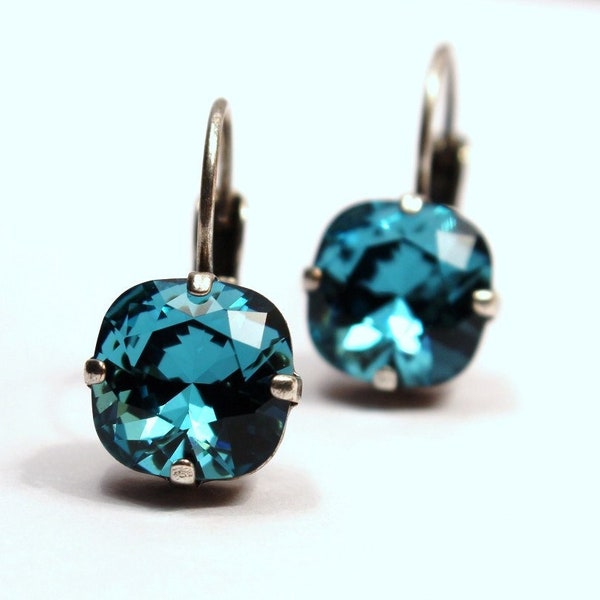 Teal Green Crystal Drop Earrings Cool Sparkling Turquoise Blue cayman Aqua Solitaire Swarovski 10mm Square Cushion Cut Leverback Sparkler