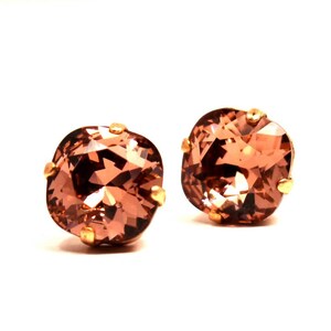 Blush Pink Crystal Stud Earrings Classic Sparkling Peach Pink Apricot Warm Copper Solitaire Swarovski 12mm 10mm Sterling Silver Post Puce
