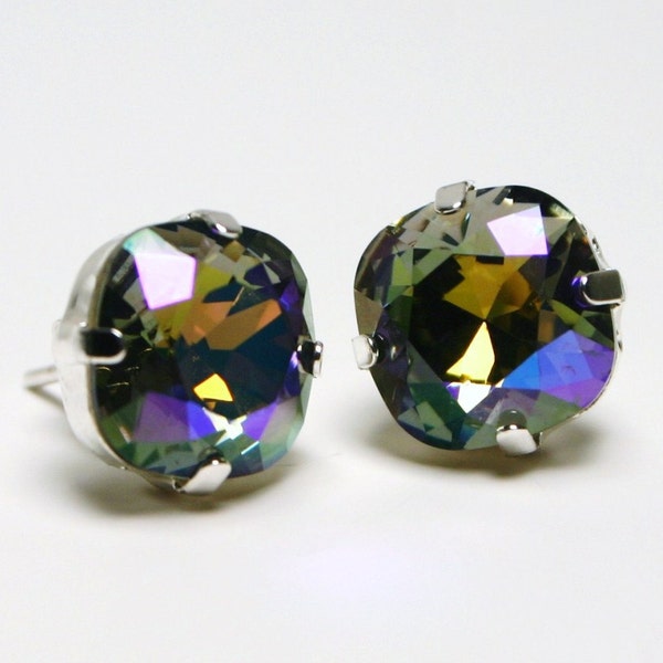Kitten Gray Crystal Stud Earrings Black Diamond Glacier Iris Purple Blue Swarovski 10mm Sterling Silver Post - Women's Jewelry Copper Gold