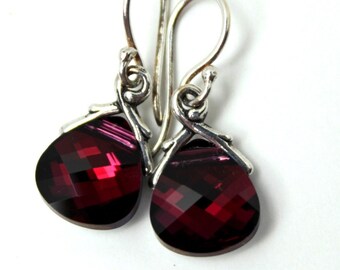 Blood Red Crystal Earrings Deep Ruby Swarovski Briolette Drop & Sterling Silver Opaque Garnet January July Birthstone Gifts Under 25 for her