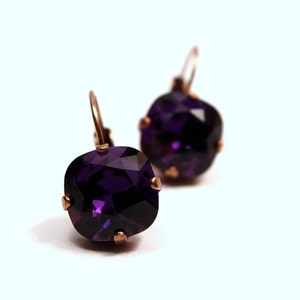 Dark Royal Purple Crystal Drop Earrings Square Sparkling Aubergine Grape Solitaire Swarovski 10mm 12mm Eggplant Autumn Fall Indigo Velvet image 1