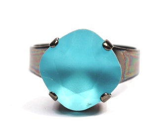 Swarovski Crystal Cocktail Ring Turquoise Blue Dark Matte Frosted  Metallic Diamond Sparkle Solitaire You Choose Finish Stacking Square Cube