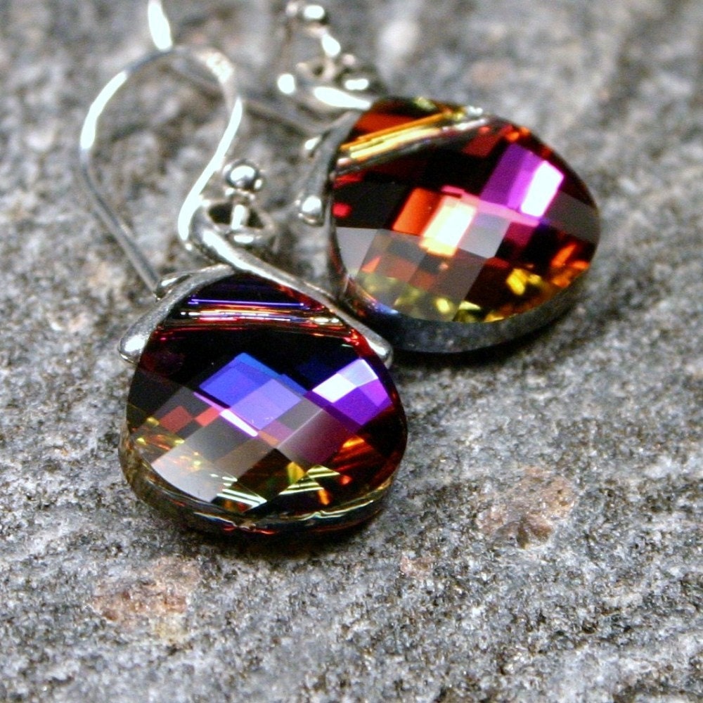 pink purple orange colors Volcano Crystal Briolette Sterling Silver Necklace pink purple orange colors Volcano Crystal Briolette Sterling Silver Necklace