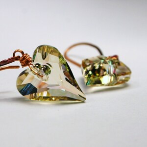 Luminous Green Wild Heart Earrings Swarovski Crystal Pastel Rainbow Translucent Glowing Love Valentine Bright Copper Wrapped Feminine Spring image 5