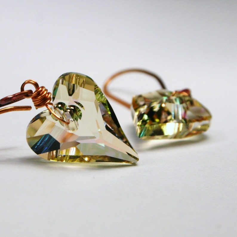 Luminous Green Wild Heart Earrings Swarovski Crystal Pastel Rainbow Translucent Glowing Love Valentine Bright Copper Wrapped Feminine Spring image 5