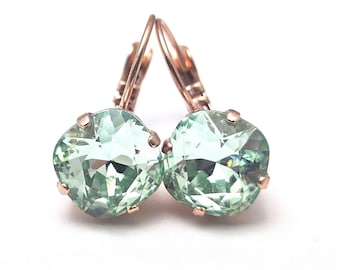 Mint Green Crystal Drop Earrings Classic Sparkling Teal Seafoam Solitaire Swarovski 10mmDark Oxidized Gunmetal Gold Copper Silver Finish