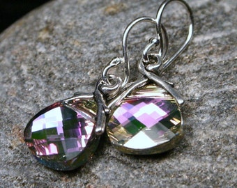 Violet Crystal Earrings Light Lilac Purple Vitrail Flat Briolette Swarovski Sterling Silver Sparkling Pastel Rainbow Delicate Petite Girly