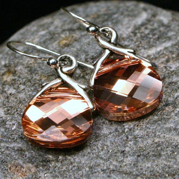 Rose Gold Crystal Earrings Romantic Soft Rosaline Swarovski Flat Briolette Petite Dangle Sterling Silver Everyday Drop Women's Jewelry Pink