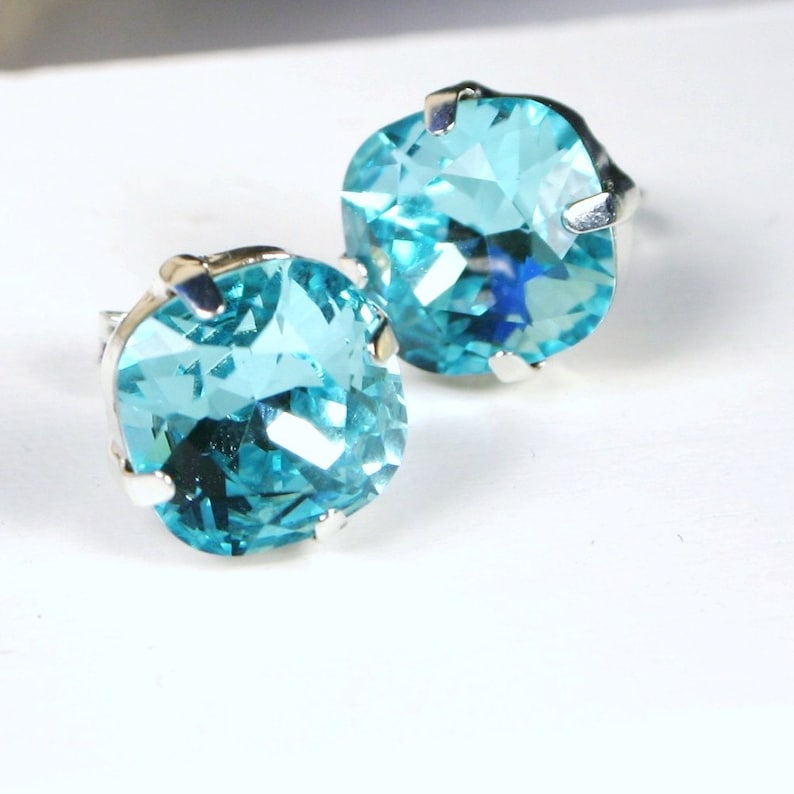 Turquoise Blue Crystal Stud Earrings Classic Sparkling Placid Aqua Solitaire 10mm Sterling Silver Post & Copper Women's Jewelry image 1