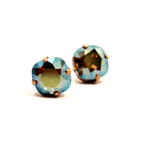 Iridescent Green Crystal Stud Earrings Sparkling Kelly Etsy
