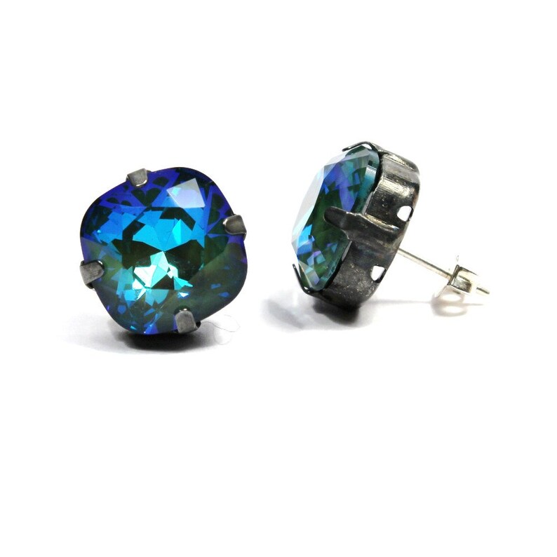 Blue Green Crystal Stud Earrings Classic Mossy Emerald Etsy