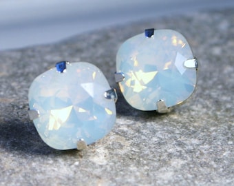 White Opal Crystal Stud Earrings Classic Sparkling Moonstone Solitaire Milky Swarovski 12mm 10mm Sterling Post & Copper - Women's Jewelry