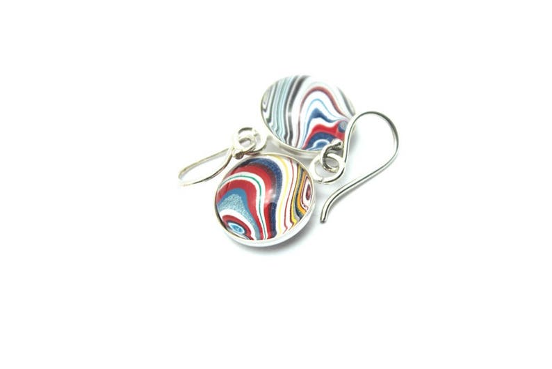 Harley Davidson Fordite Earrings Genuine Bright Red White Blue Swirl Delicate Dangles Sterling Silver Motor City Agate Recycled Pair Matched