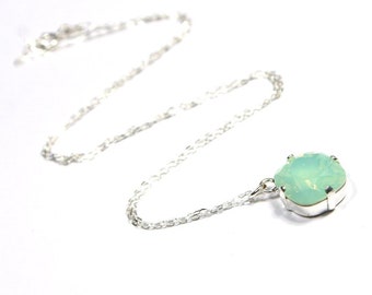 Mint Green Opal Crystal Necklace Classic Sparkling Seafoam Solitaire Swarovski 12mm or 10mm Sterling Delicate Diamond Drop Simple Teardrop