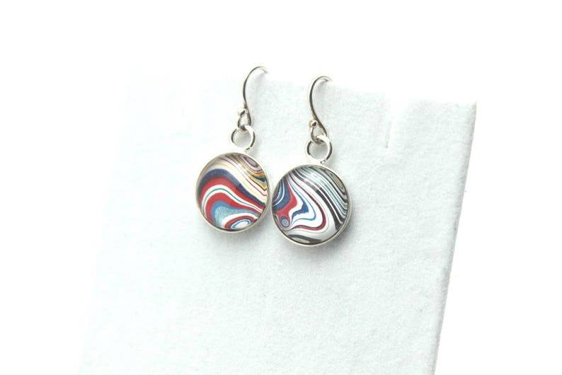 Harley Davidson Fordite Earrings Genuine Bright Red White Blue Swirl Delicate Dangles Sterling Silver Motor City Agate Recycled Pair Matched