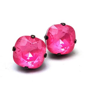 Electric Pink Earrings Neon Hot Glo Pink Crystal Stud Classic Fluorescent Summer Solitaire Austrian Bright Sterling Silver Post Gold Copper