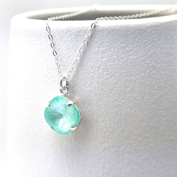 Soft Mint Green Crystal Necklace Classic Opaque Seafoam Solitaire Austrian Pastel 12mm 10mm Sterling Delicate Diamond Drop Simple Teardrop