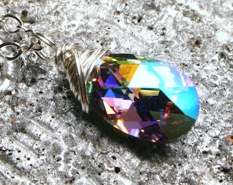 Rainbow Teardrop Crystal Necklace Rare Fat Swarovski Cal AB Metallic Drop Fancy Sterling Silver Chain Handmade Sparkle Infinity Heirloom