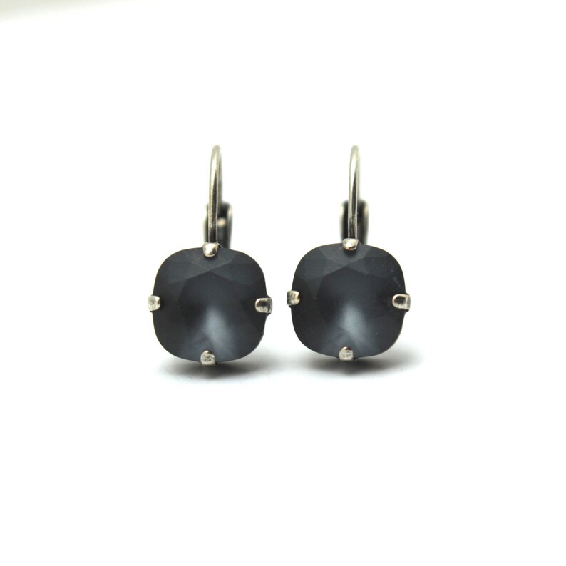 Graphite Crystal Drop Earrings Cool Soft Matte Gray Grey Solitaire Swarovski 10mm 12mm Square Cushion Cut Leverback Frosted Kitten Dusky image 2