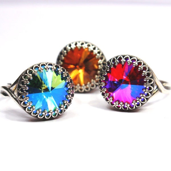 Swarovski Crystal Cocktail Ring Turquoise Blue Dark Hot Fuchsia Pink Fiery Topaz Orange Metallic Crown You Choose Color and Finish Sparkle