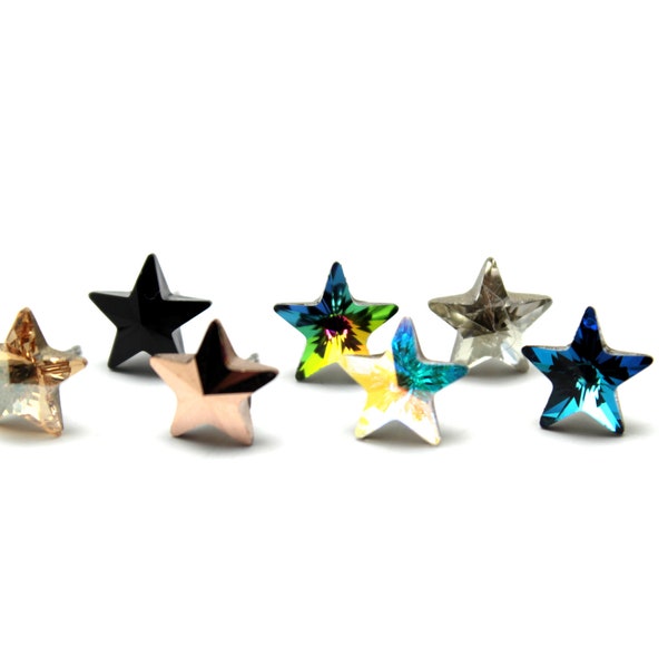 Star Stud Earrings Swarovski Crystal Classic Petite Sparkling Solitaire 10mm Silver Gold Blue Rainbow AB Rose Gold Black Surgical Steel Post