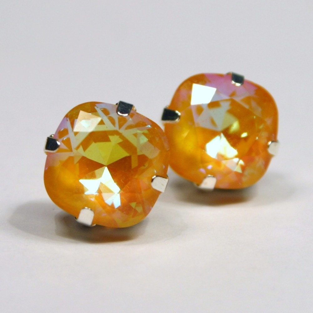 Bright Yellow Crystal Stud Earrings Classic Sparkling Golden Etsy