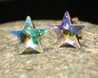 AB Rainbow Star Stud Earrings Swarovski Crystal Pastel Surgical Steel Post Celestial Shooting Galaxy Night Sky Milky Way Pink Lilac Yellow