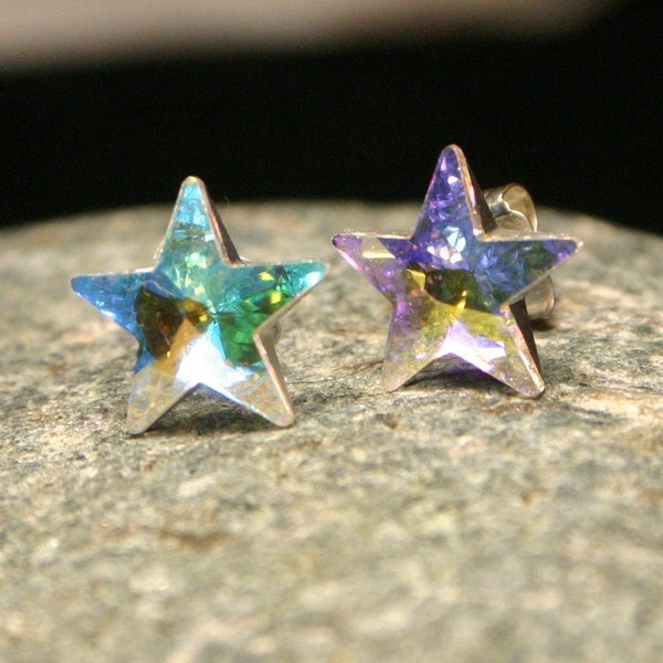 AB Rainbow Star Stud Earrings Swarovski Crystal Pastel Surgical Steel Post Celestial Shooting Galaxy Night Sky Milky Way Pink Lilac Yellow