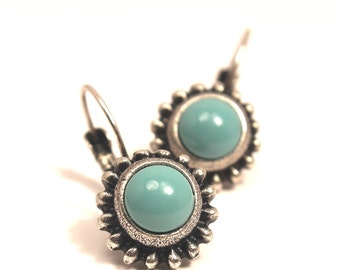 Jade Drop Earrings Classic  Pearl Gemsone Seafoam Mint Green Turquoise Southwestern Pointelle Dots Border Oxidized Silver Leverback