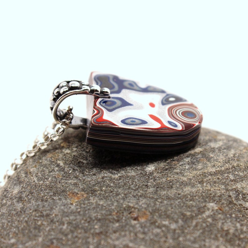 Detroit Fordite Necklace Recycled Vintage Auto Paint Bright Apple Red White Metallic Silver Shield Medallion Sterling Etsydudes Bro Dad Blue image 4