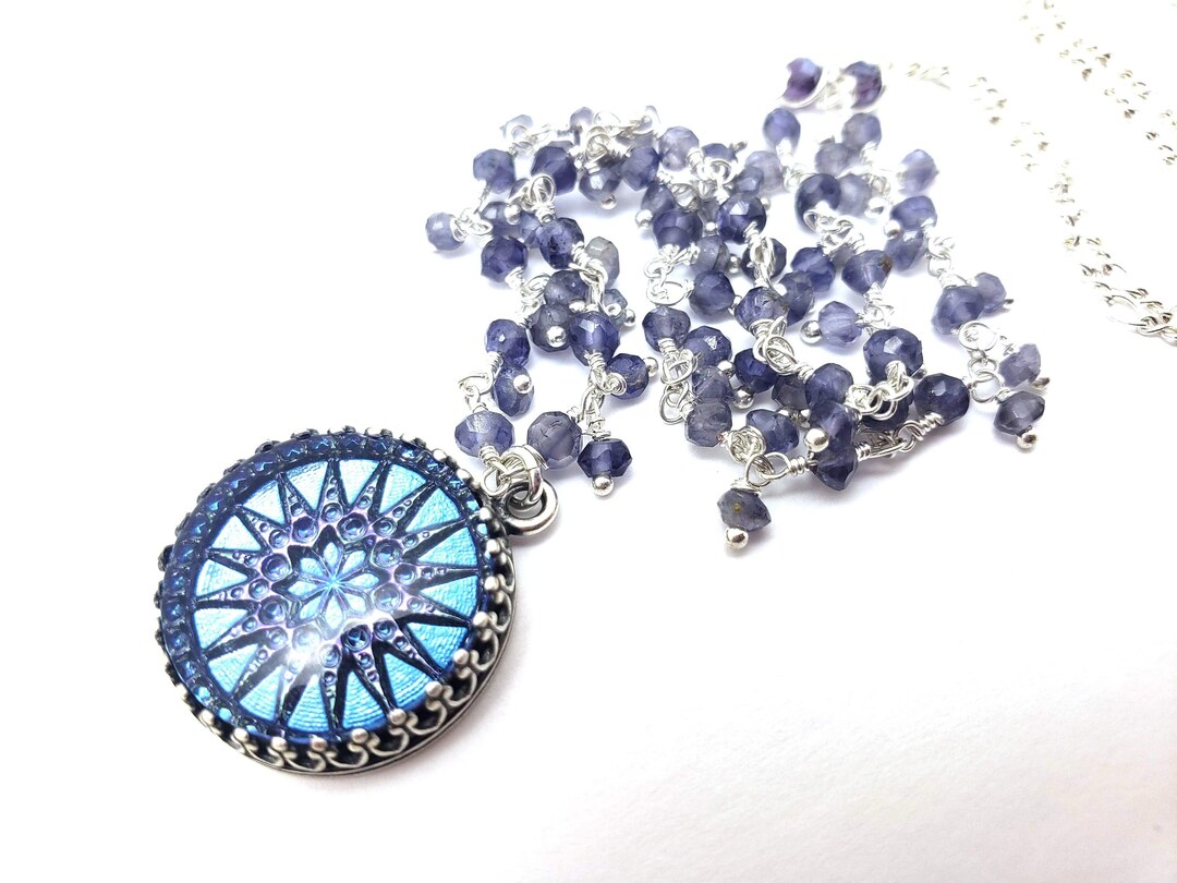 Compass Rose Necklace Sterling Silver Iridescent Blue Purple Iolite