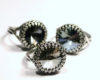 Swarovski Crystal Cocktail Ring Steel Blue Dark Gray Metallic Silver Shade You Choose Color and Finish Sparkle