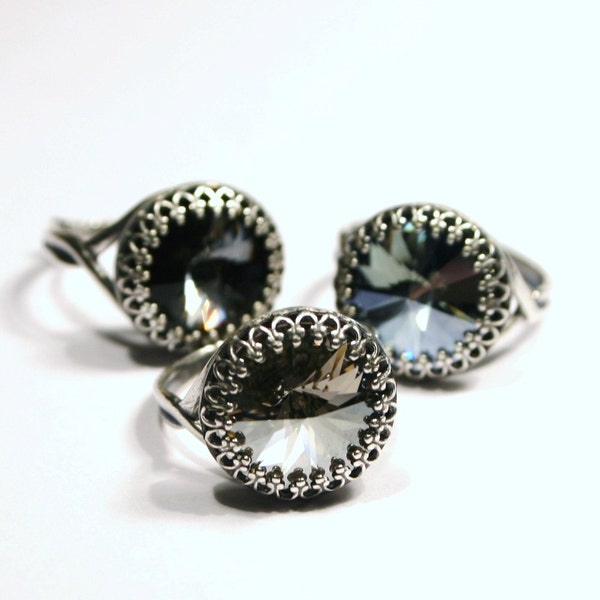 Swarovski Crystal Cocktail Ring Steel Blue Dark Gray Metallic Silver Shade You Choose Color and Finish Sparkle