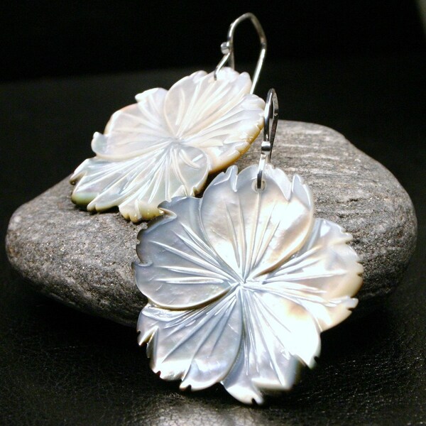 Carved Hibiscus Tropical Island Flower Mother of Pearl on Fancy Sterling Silver ... Hawaiian Earrings