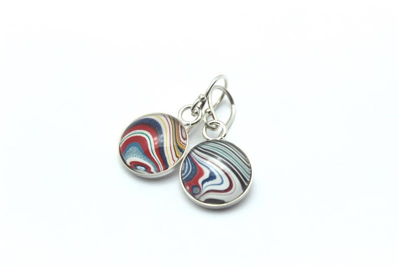 Harley Davidson Fordite Earrings Genuine Bright Red White Blue Swirl Delicate Dangles Sterling Silver Motor City Agate Recycled Pair Matched