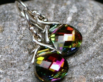 Rainbow Crystal Earrings Vitrail Swarovski Flat Briolette Medium Petite Dangle Teardrop Sterling Silver Women's Jewelry Pink Gold Green Blue