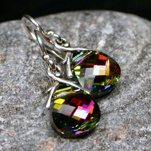 Rainbow Crystal Earrings Vitrail Swarovski Flat Briolette Medium Petite Dangle Teardrop Sterling Silver Women's Jewelry Pink Gold Green Blue