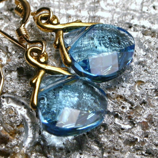 Aquamarine Blue Crystal Earrings Swarovski Flat Briolette Gold Filled Simple Drop Earrings Minimalist Simple Teardrop Robins Rgg Bird Nest