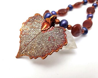 Preserved Cottonwood Leaf Necklace Copper Indigo Purple Pearl Carnelian Agate Sterling Woodland Forest Fairy Realm Magical Fae Cosplay