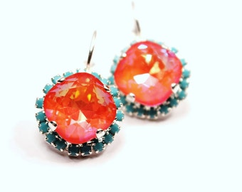 Tangerine & Caribbean Blue Crystal Dangle Earrings Sparkling Bright Orange Solitaire Swarovski 12mm Studded Crown Tropical Punch Silver Gold