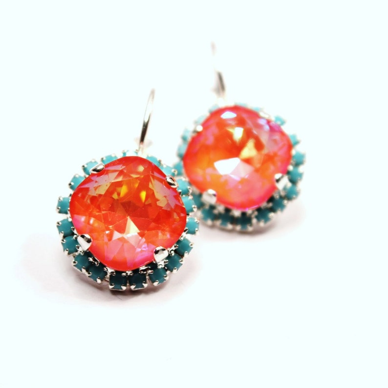 Tangerine & Caribbean Blue Crystal Dangle Earrings Sparkling Bright Orange Solitaire Swarovski 12mm Studded Crown Tropical Punch Silver Gold image 1