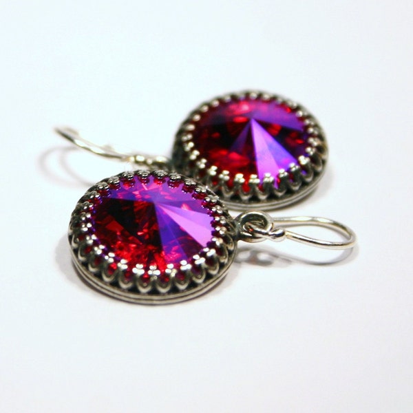 Hot Pink Crystal Earrings Swarovski Antiqued Silver Crown Circlet Fuchsia Valentine Jewelry Vampire Princess Queen Romantic Victorian Charm