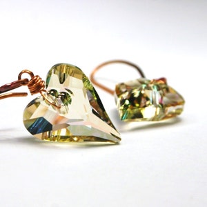 Luminous Green Wild Heart Earrings Swarovski Crystal Pastel Rainbow Translucent Glowing Love Valentine Bright Copper Wrapped Feminine Spring image 1