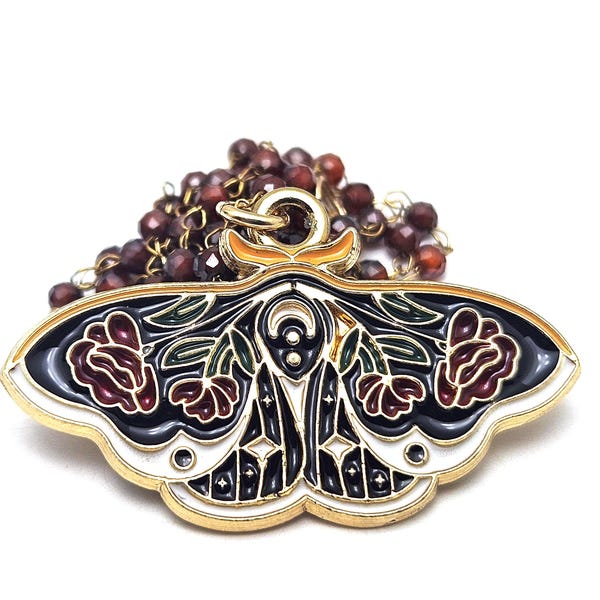 Deaths Head Moth Necklace Natural Lunar Butterfly 14K Gold Filled Brass Nature Enamel Beaded Woodland Gold Wicca Hawkmoth Topaz  Garnet Rose