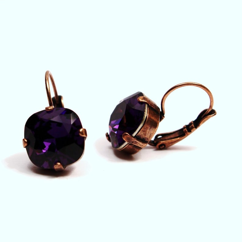 Dark Royal Purple Crystal Drop Earrings Square Sparkling Aubergine Grape Solitaire Swarovski 10mm 12mm Eggplant Autumn Fall Indigo Velvet image 4